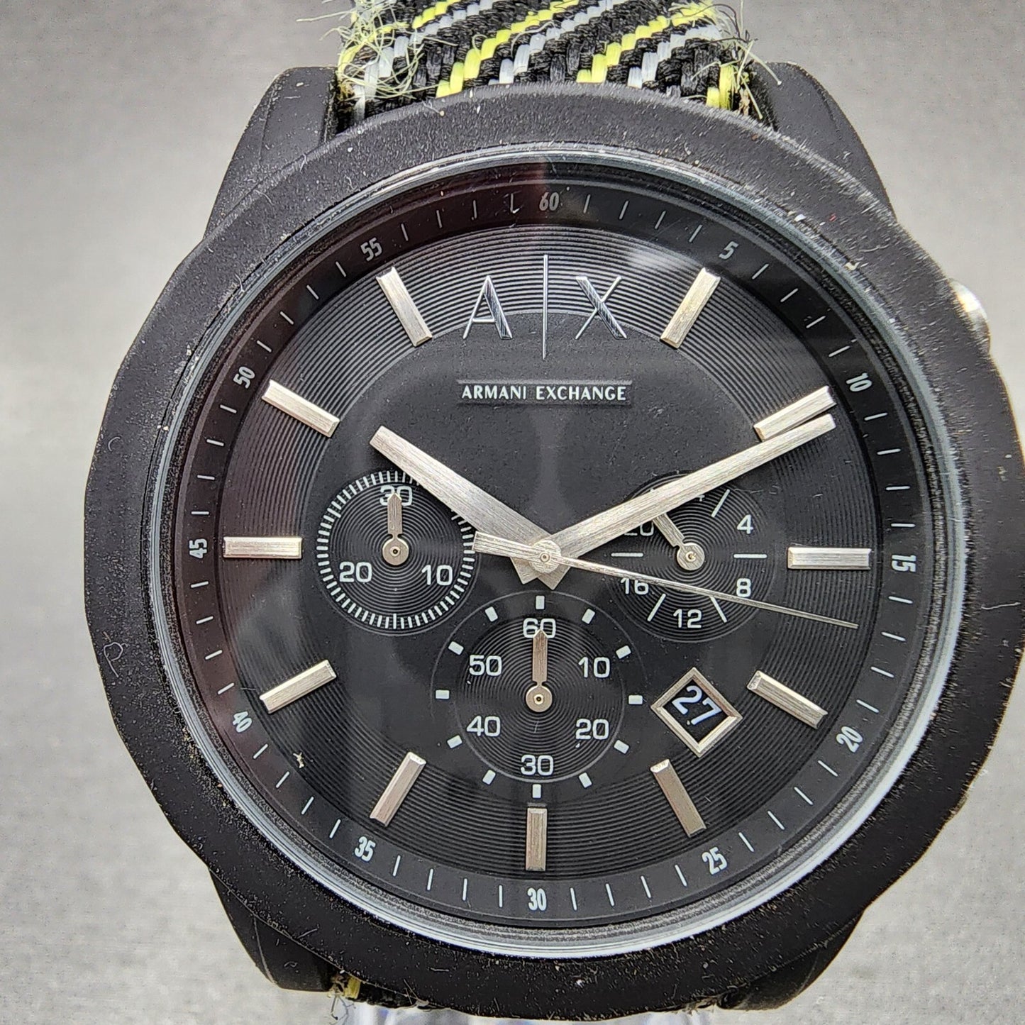 Armani Exchange men's black chronograph watch with striped nylon strap and date display