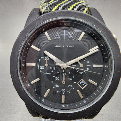 Armani Exchange men's black chronograph watch with striped nylon strap and date display