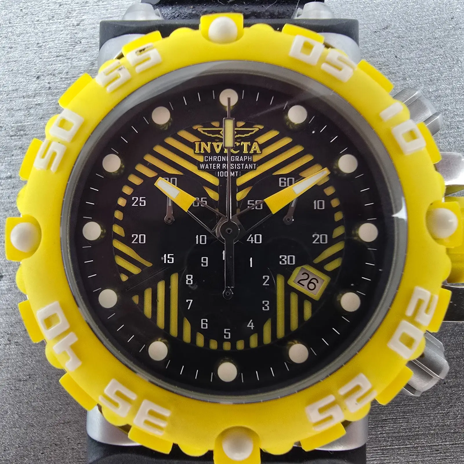 Invicta Chronograph Dive Watch Men 50mm Black Dial Steel Yellow 10038 NewBattery1