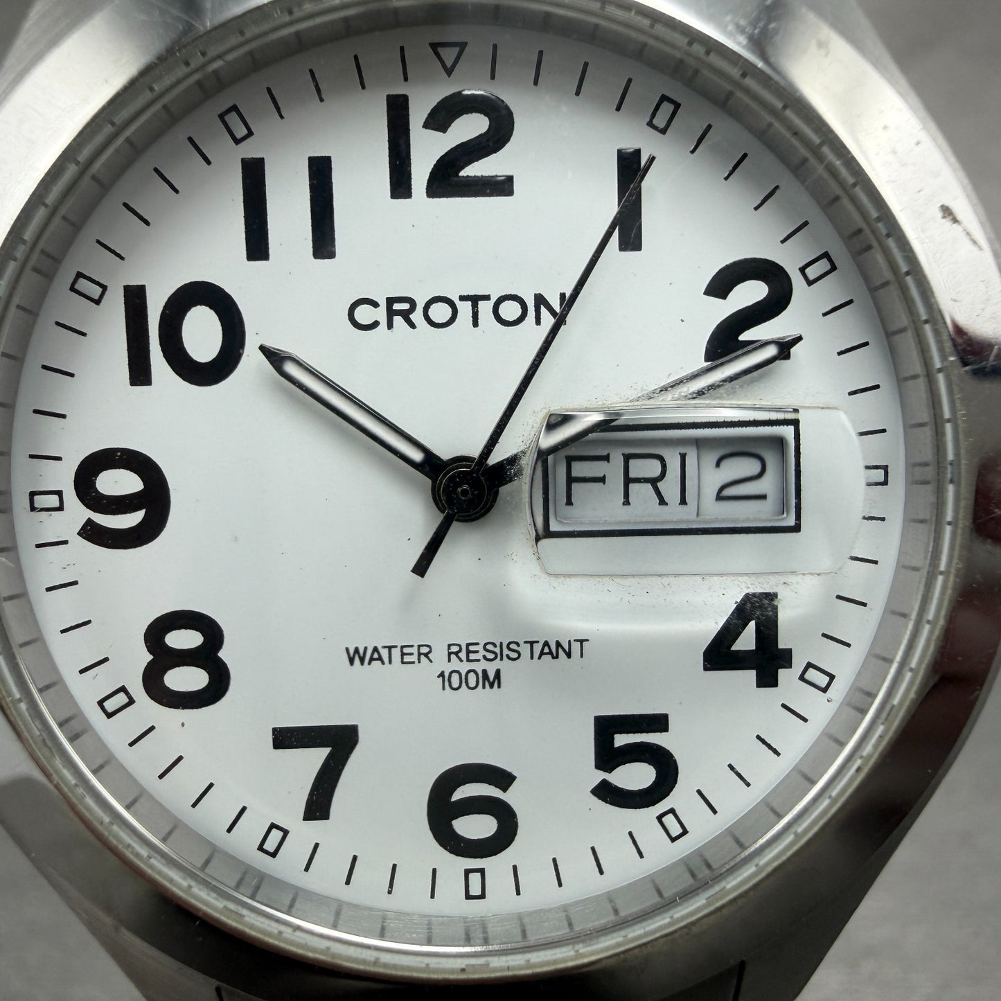 Croton Watch Men 38mm White Dial Silver Tone Daydate Round RT-144M New Battery1