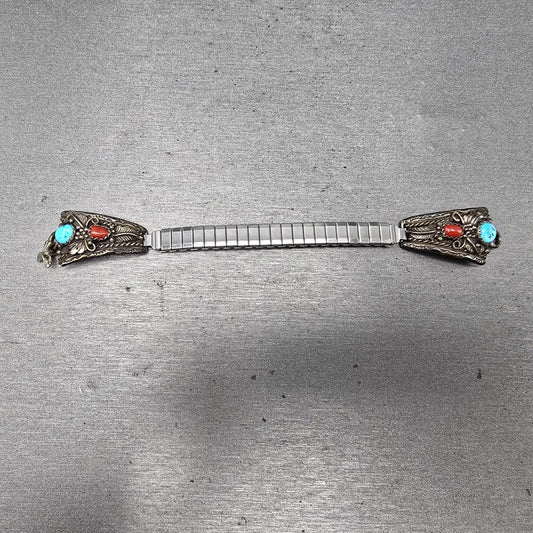Navajo Silver Watch Band Tips Coral Turquoise Vintage Vines & Leaves Design0