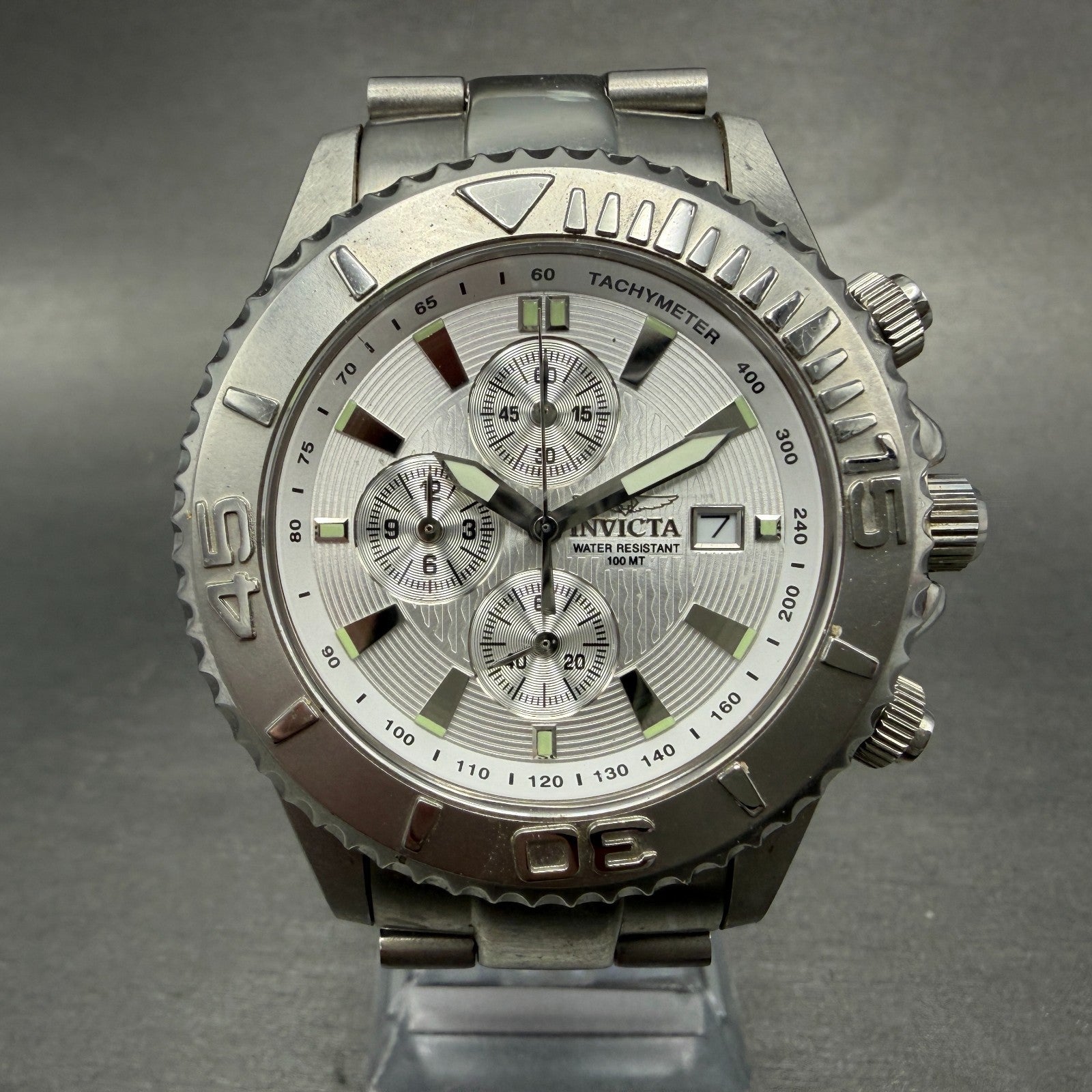 Invicta Chronograph Dive Watch men 44mm Silver Dial Steel Date 3197 New Batt0