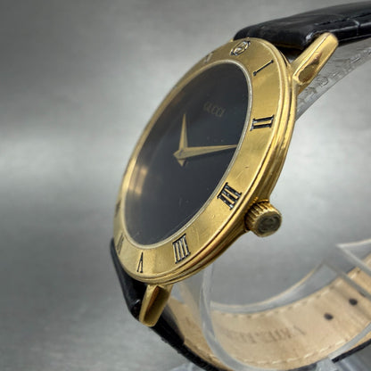 Gucci 3000M Watch Men 33mm Black Dial Gold Plated Round Leather New Battery2