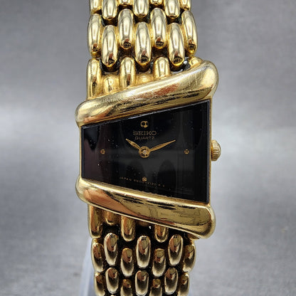 Seiko Watch Women 20mm Black Dial Gold Tone Asymmetrical 4N005749 New Battery0