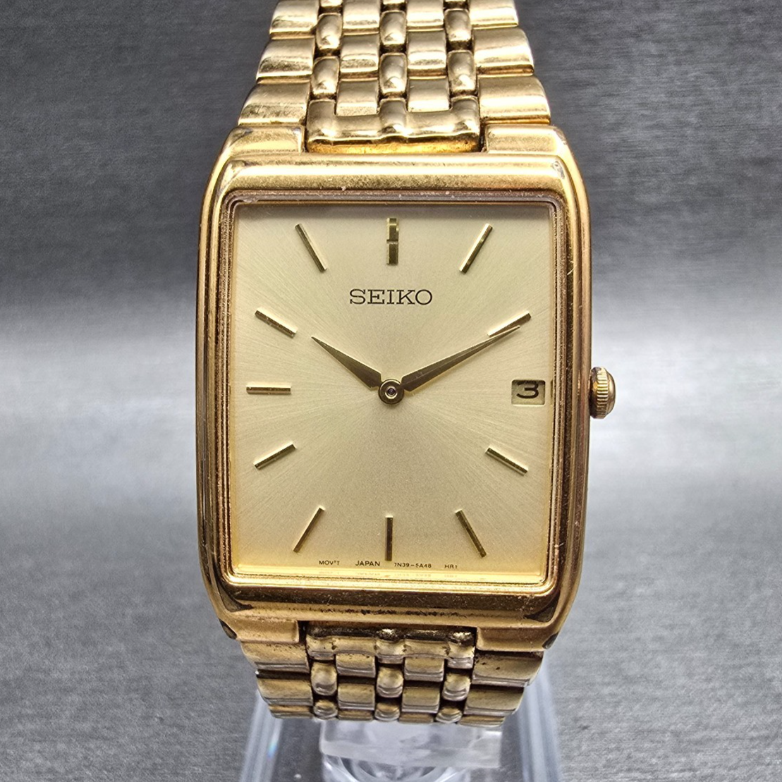 Seiko Watch Men 27mm Champagne Dial Gold Date Rectangle 7N39-5A39 New Batt90