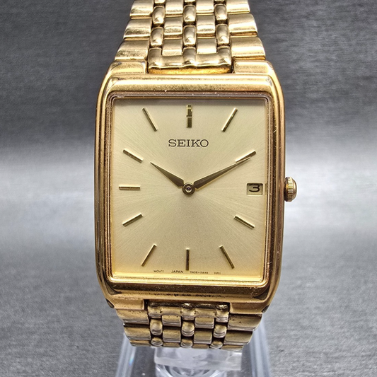 Seiko Watch Men 27mm Champagne Dial Gold Date Rectangle 7N39-5A39 New Batt90