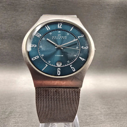 Skagen Watch Men 37mm Blue Dial Titanium Date Round 233XLTTN Mesh Band New Batt5