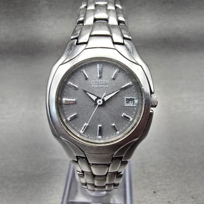 Citizen Eco-Drive Watch Women 25mm Gray Dial Silver Tone Date Round E011 Works0
