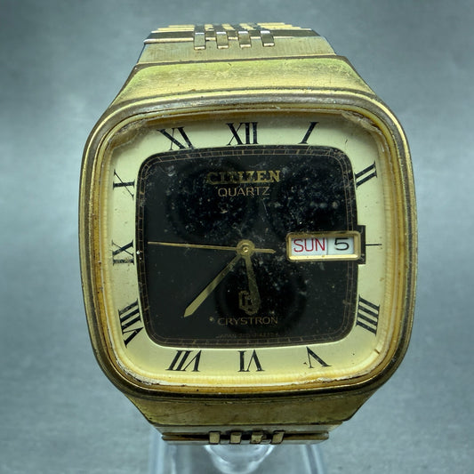 CITIZEC CQ Crystron Watch Men 35mm Brown Dial Gold Tone Daydate 4-731310 PARTS0