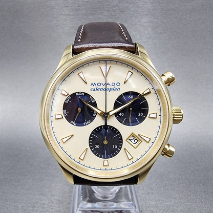 Movado Heritage Calendoplan Watch Men 43mm Cream Dial Gold Tone 36500070