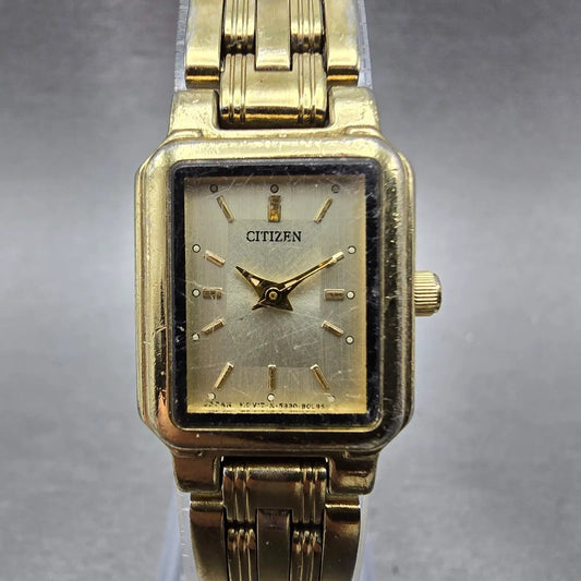 Citizen Tank Watch Women 18mm Champagne Dial Gold Tone 5930-S037107 New Battery0