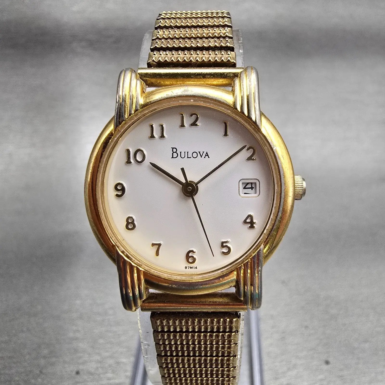 Bulova Watch Women 24mm White Dial Gold Tone Date Round 97M14 New Battery0