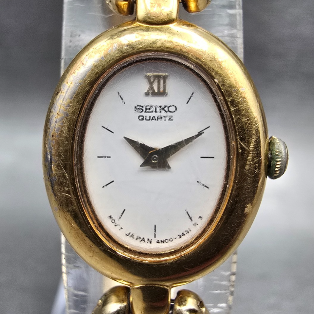 Seiko Watch Women 17mm White Dial Gold Tone Oval 4N00-F140 New Battery Vintage1