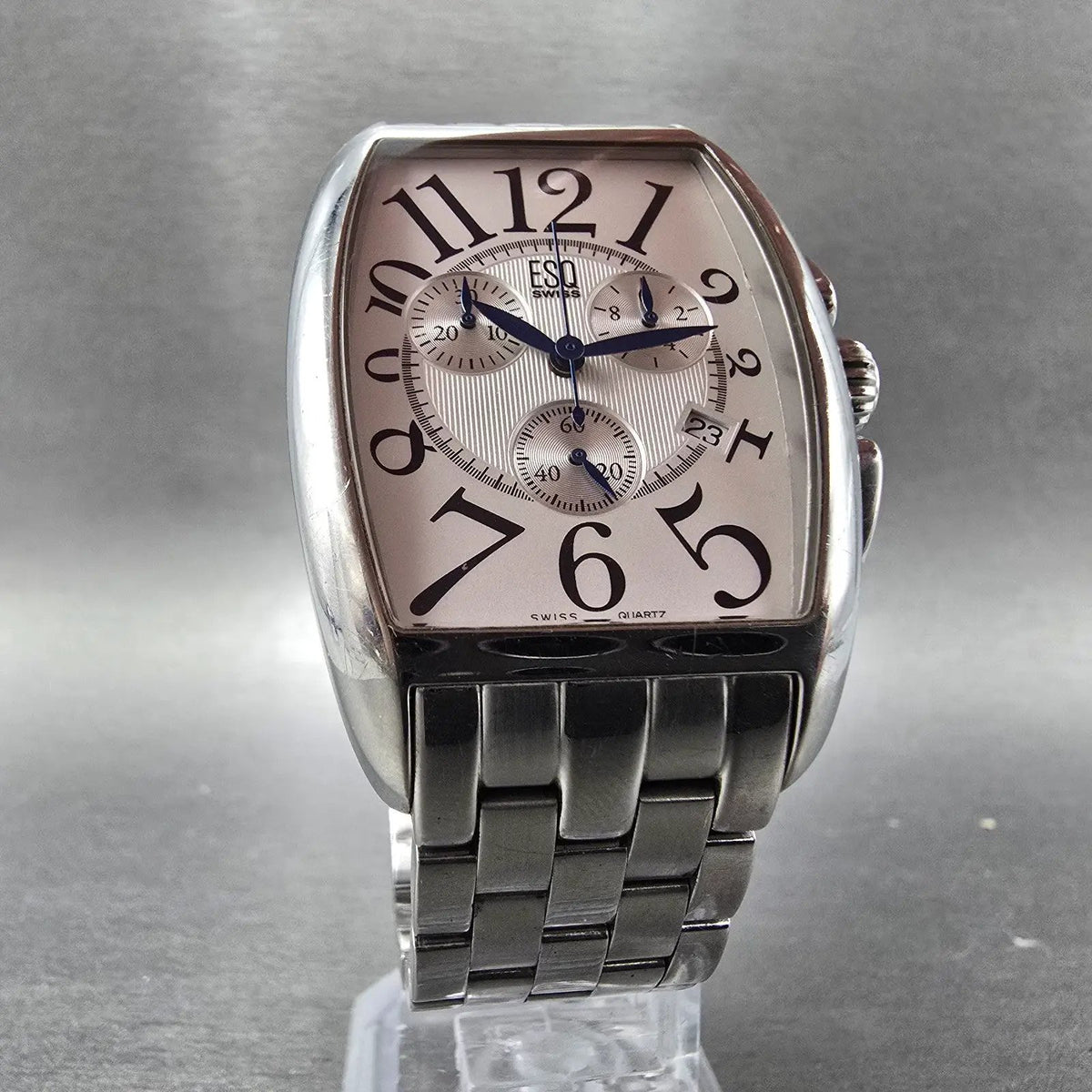 ESQ Chronograph Drake Watch Men 33mm White Dial Silver Date Rectangle New Batt5