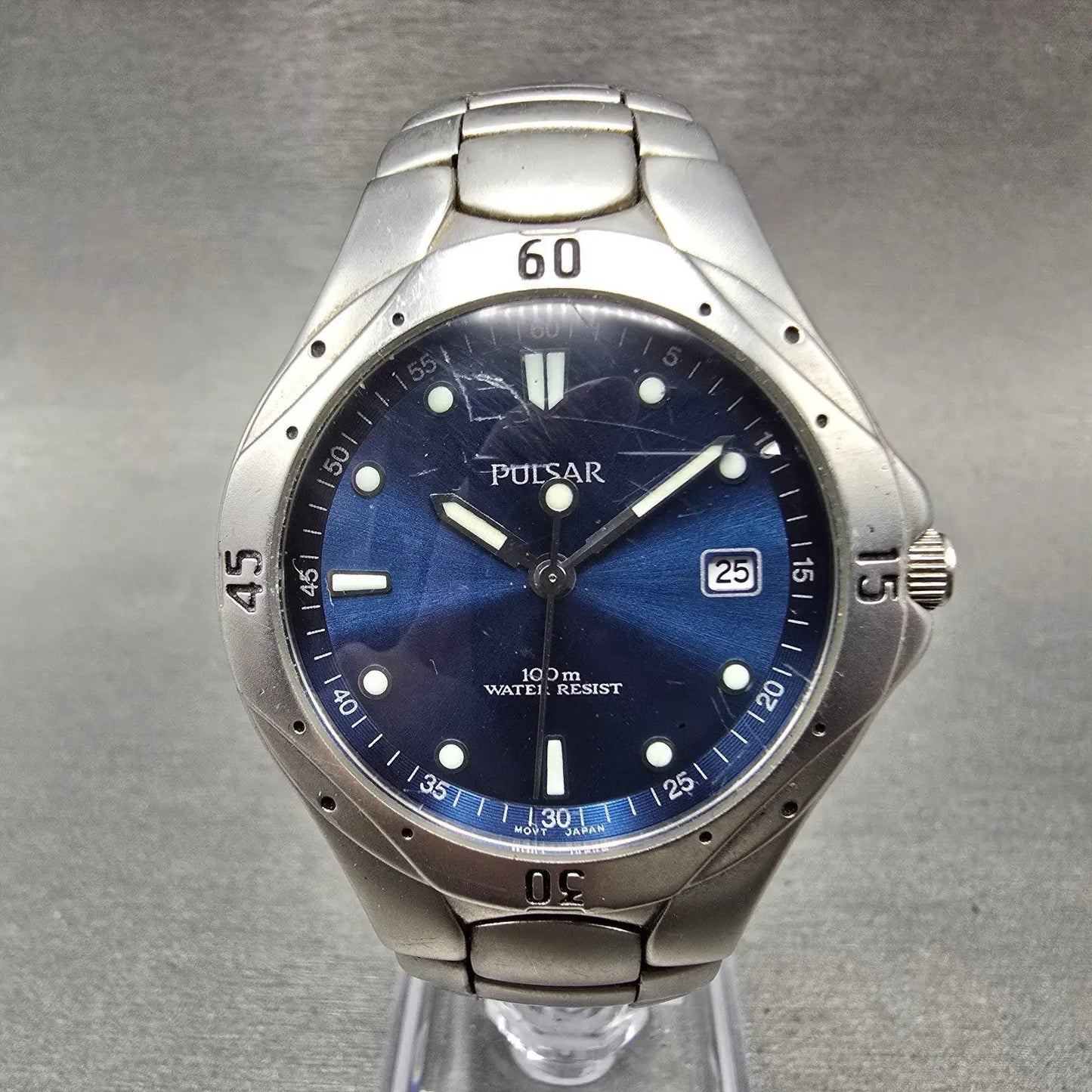 Pulsar Dive Watch Men 36mm Blue Dial Silver Tone Date Round V732-X206 PARTS0