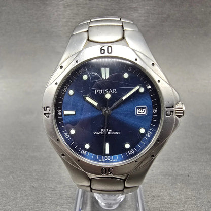 Pulsar Dive Watch Men 36mm Blue Dial Silver Tone Date Round V732-X206 PARTS0