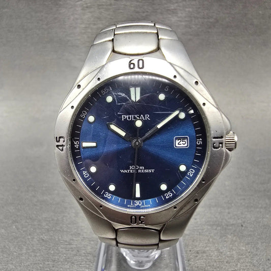 Pulsar Dive Watch Men 36mm Blue Dial Silver Tone Date Round V732-X206 PARTS0