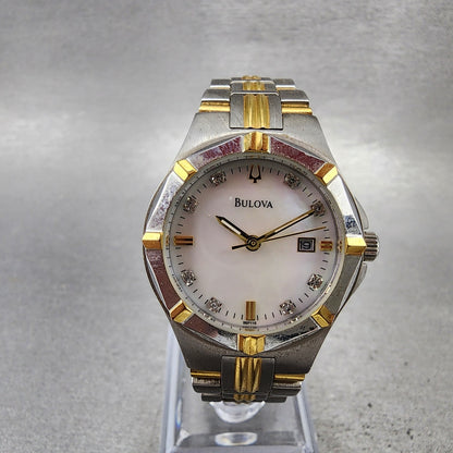 Bulova Watch Women 29mm MOP Dial Two Tone Date Round 98P116 New Battery0