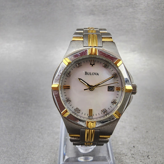 Bulova Watch Women 29mm MOP Dial Two Tone Date Round 98P116 New Battery0