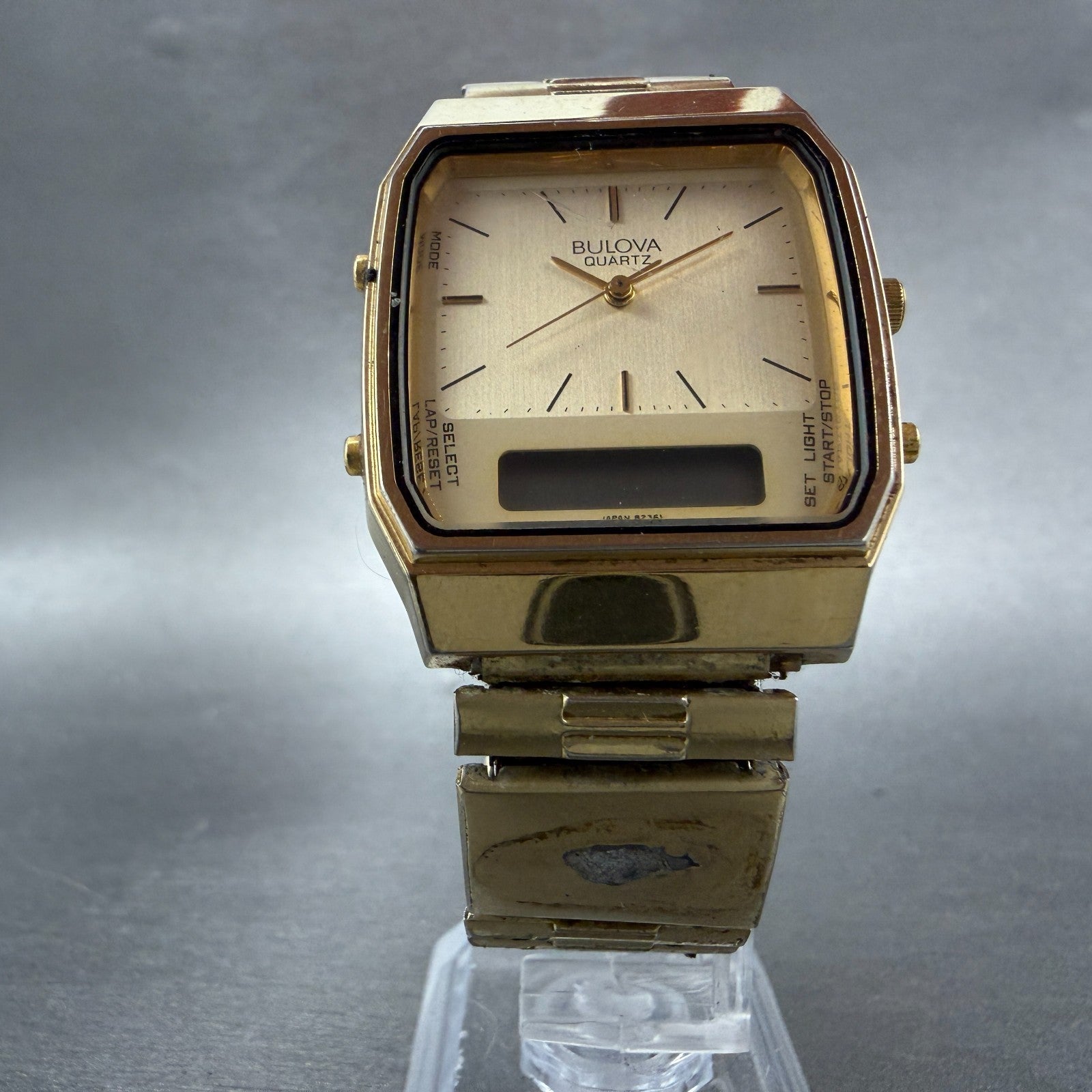 Bulova Analog Digital Watch Men 32mm Cha mange Dial Gold Tone T1 PARTS6