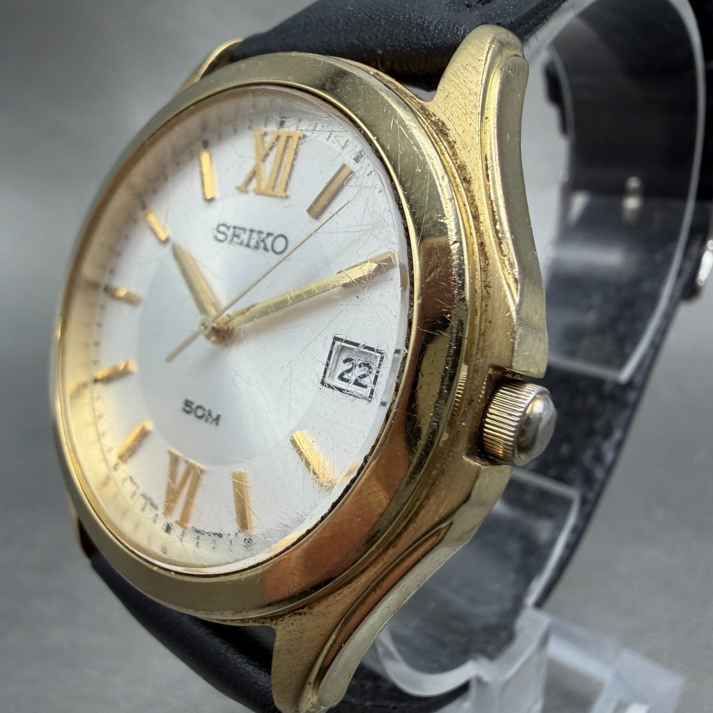 Seiko Watch Men 37mm Silver Dial Gold Tone Date Round 7N42-0EY0 New Battery VTG2