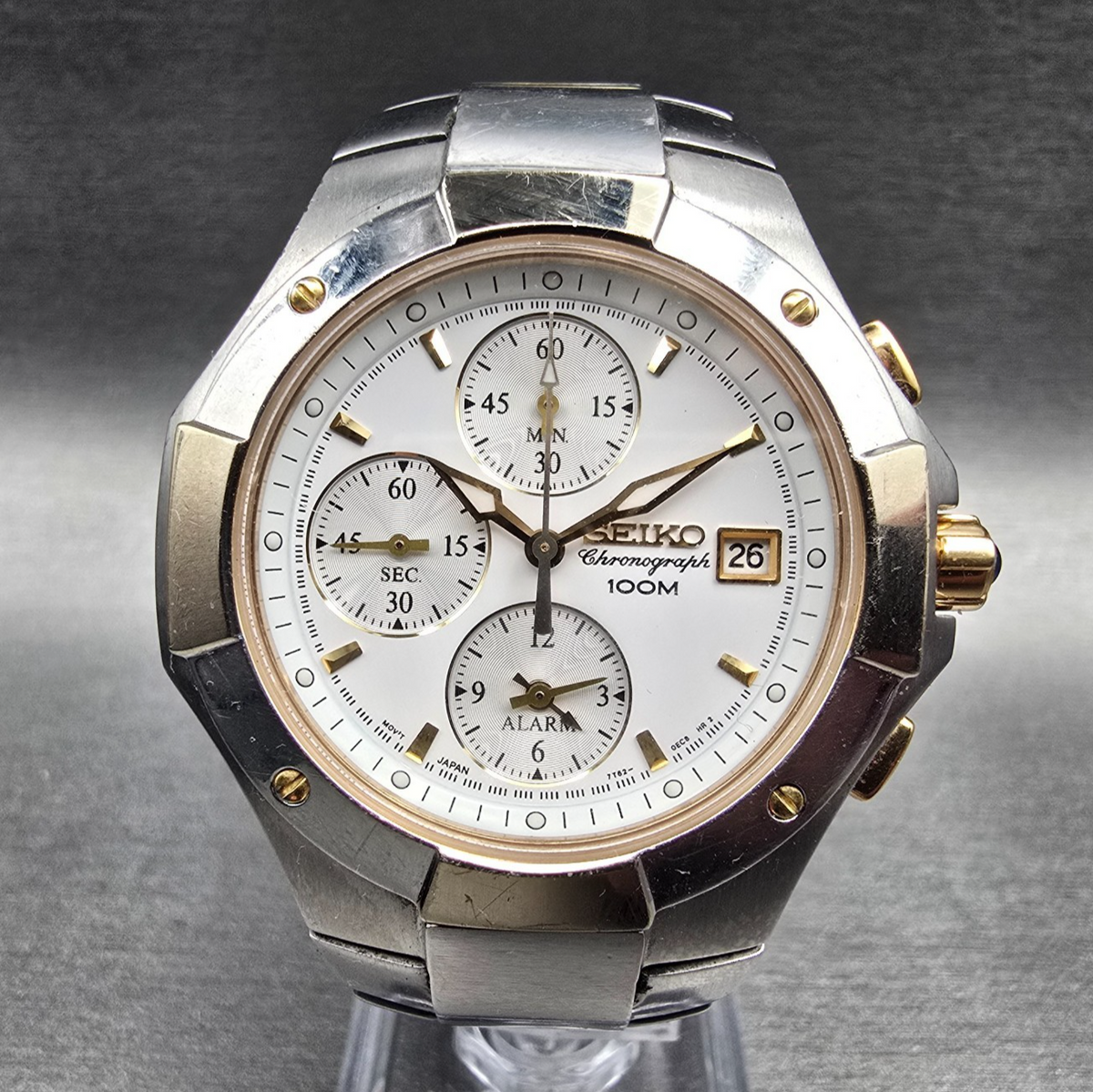 Seiko Chronograph Watch Men 39mm White Dial Two Tone Date Round 7T62-0DP0 NewBat0