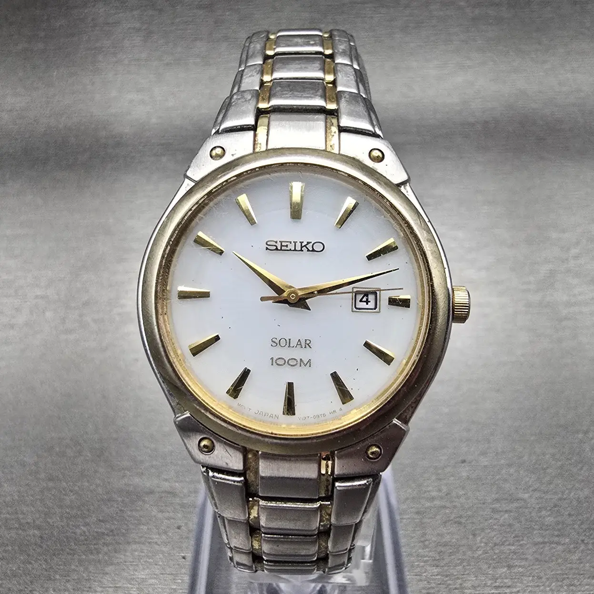 Seiko Solar Watch Women 30mm White Dial Two Tone Date Round V137-0AX0 Works 1230