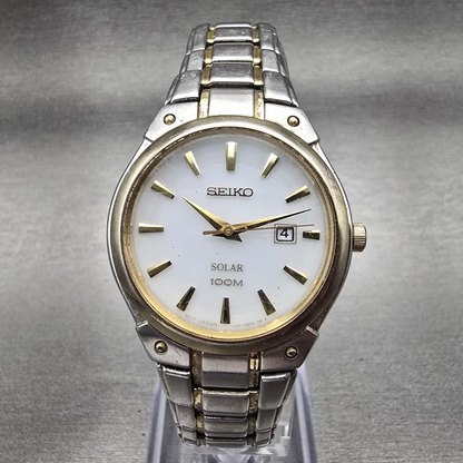 Seiko Solar Watch Women 30mm White Dial Two Tone Date Round V137-0AX0 Works 1230