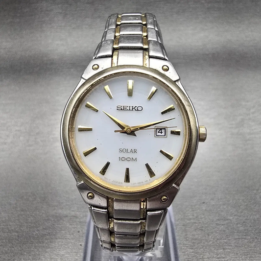 Seiko Solar Watch Women 30mm White Dial Two Tone Date Round V137-0AX0 Works 1230