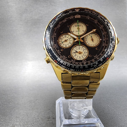 Seiko Flightmaster Chronograph Watch Men 41mm Black Dial Gold Tone READ New Batt
