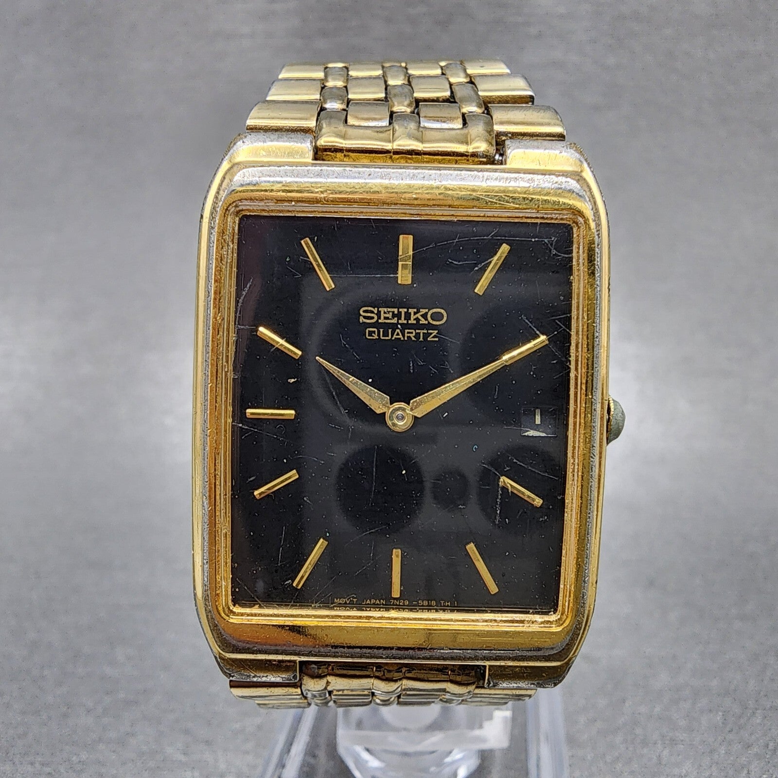 Seiko Tank Watch Men 27mm Black Dial Gold Tone Date 7n295b29 New Battery0