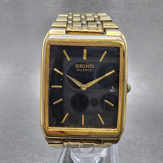 Seiko Tank Watch Men 27mm Black Dial Gold Tone Date 7n295b29 New Battery0