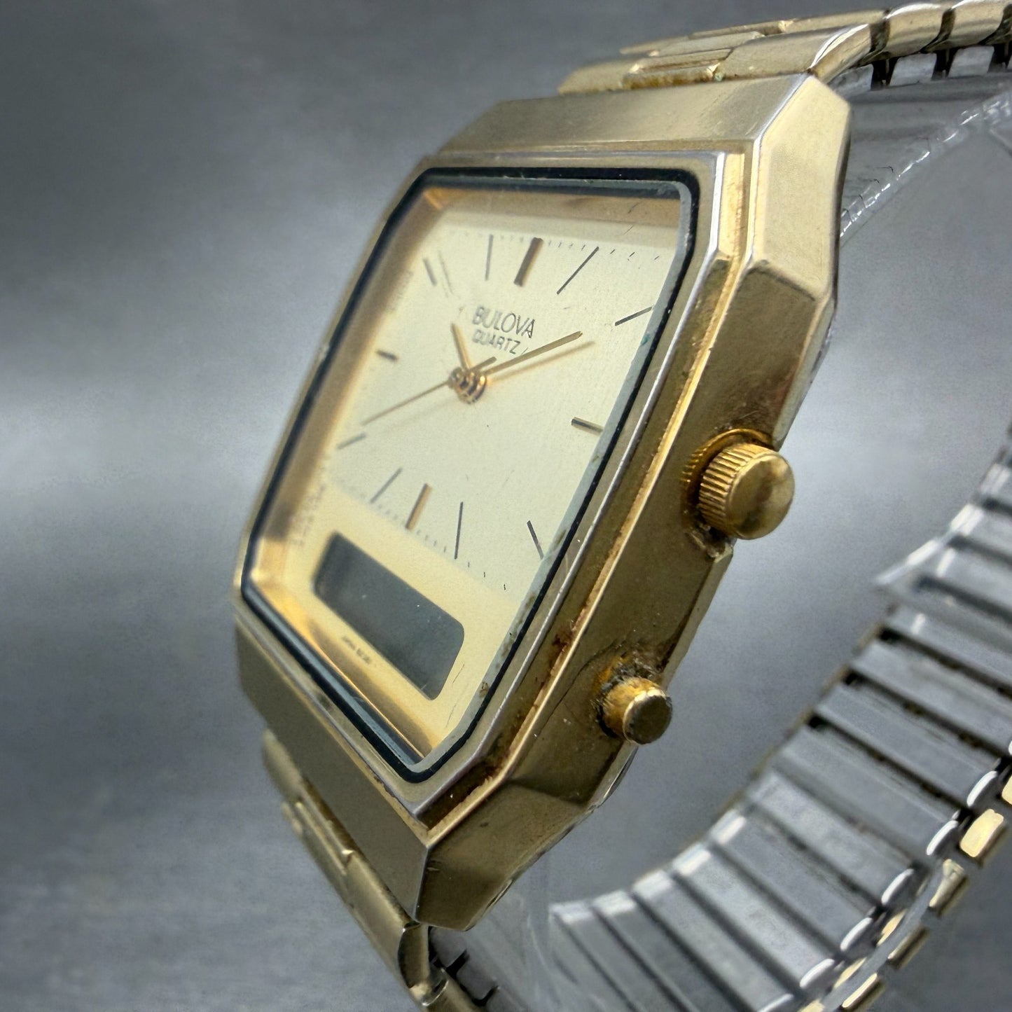 Bulova Analog Digital Watch Men 32mm Cha mange Dial Gold Tone T1 PARTS3