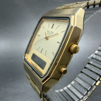Bulova Analog Digital Watch Men 32mm Cha mange Dial Gold Tone T1 PARTS3