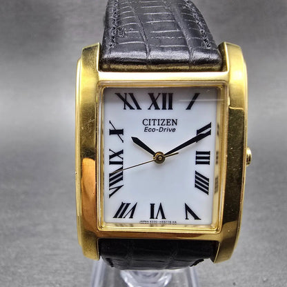 Citizen Eco-Drive Tank Watch Men 27mm White Dial Gold E030-H31748 Runs Leather0