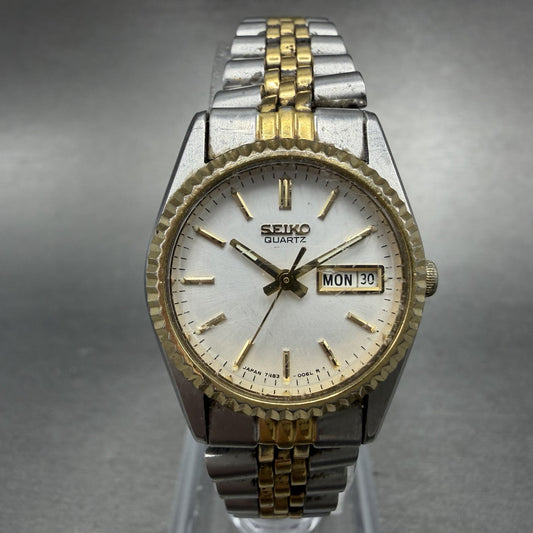 Seiko Watch Women 24mm White Dial Two Tone Daydate Round 7N83-0049 New Batt AY540