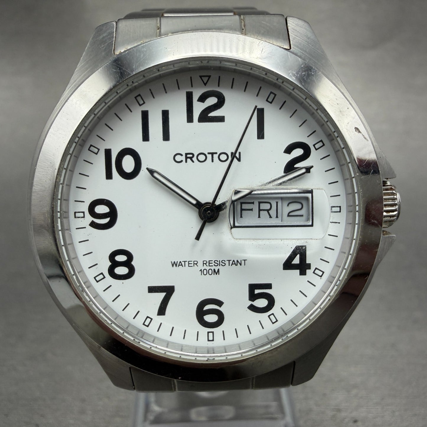 Croton Watch Men 38mm White Dial Silver Tone Daydate Round RT-144M New Battery0