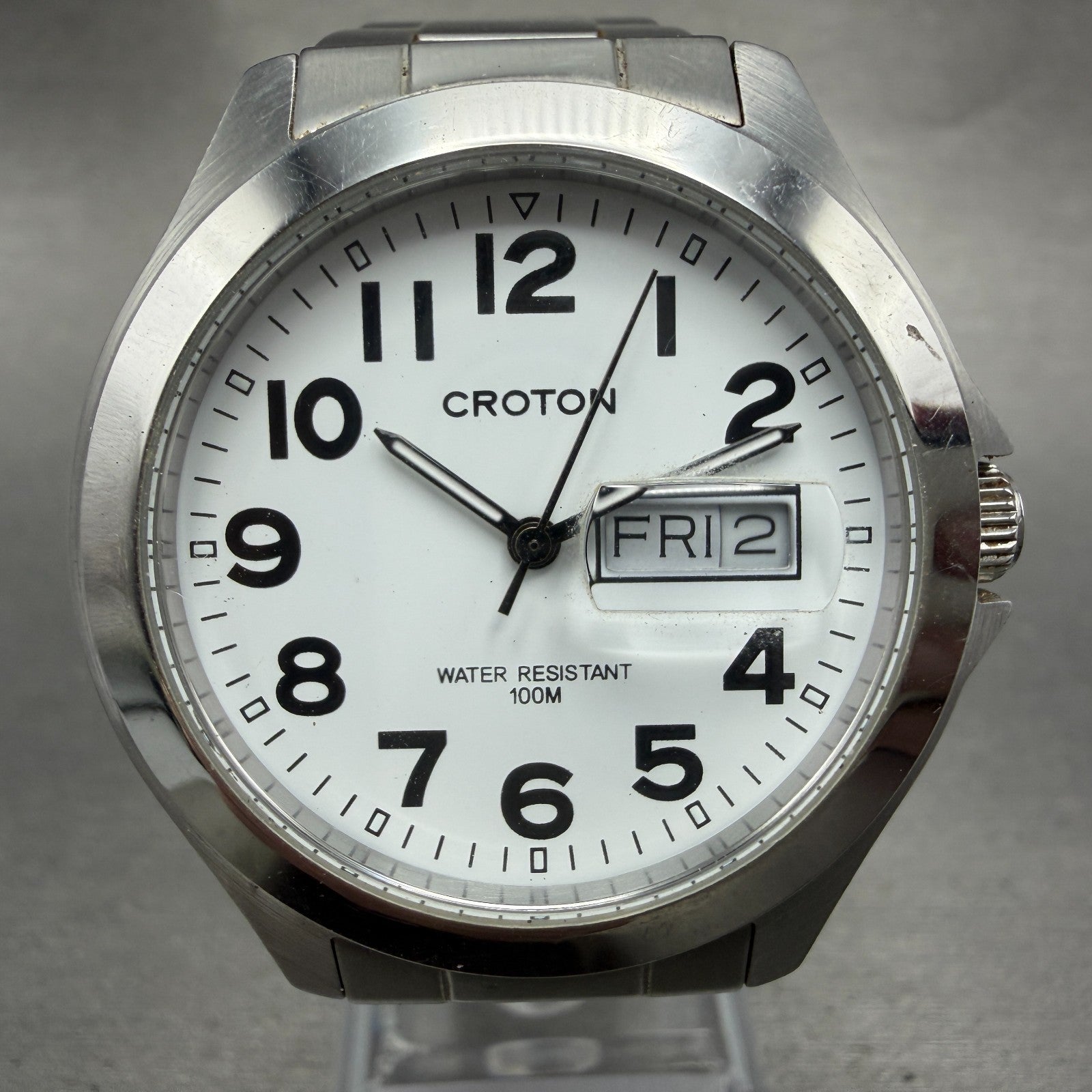 Croton Watch Men 38mm White Dial Silver Tone Daydate Round RT-144M New Battery0