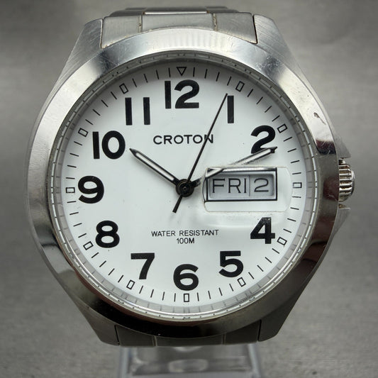 Croton Watch Men 38mm White Dial Silver Tone Daydate Round RT-144M New Battery0