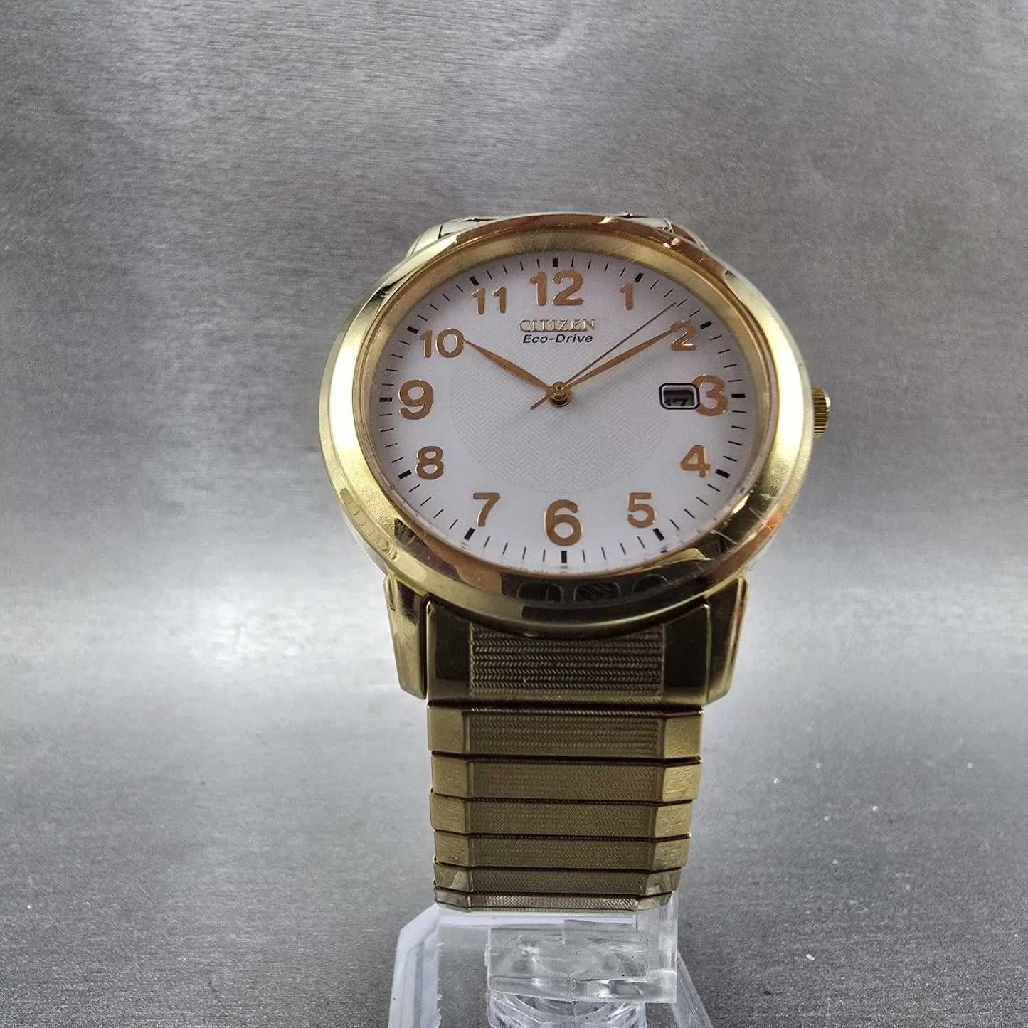 Citizen Eco-Drive Watch Men 38mm White Dial Gold Tone Date E111-S022894 Runs5