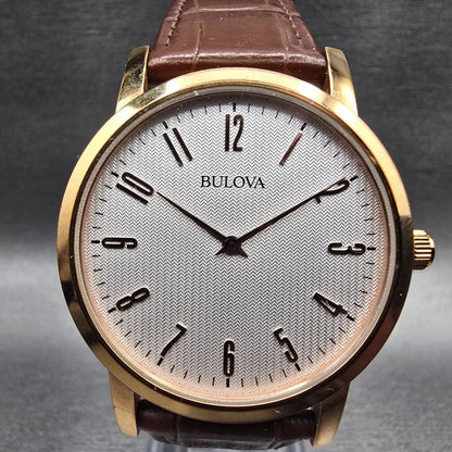 Bulova Mens Watch 38mm White Dial Gold Tone Round 97A106 Leather Band New Batt1