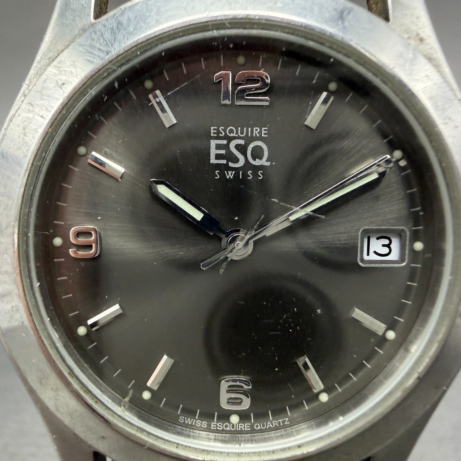 ESQ Watch Men 37mm Gray Dial Silver Tone Date Round 300712 Leather New Battery1