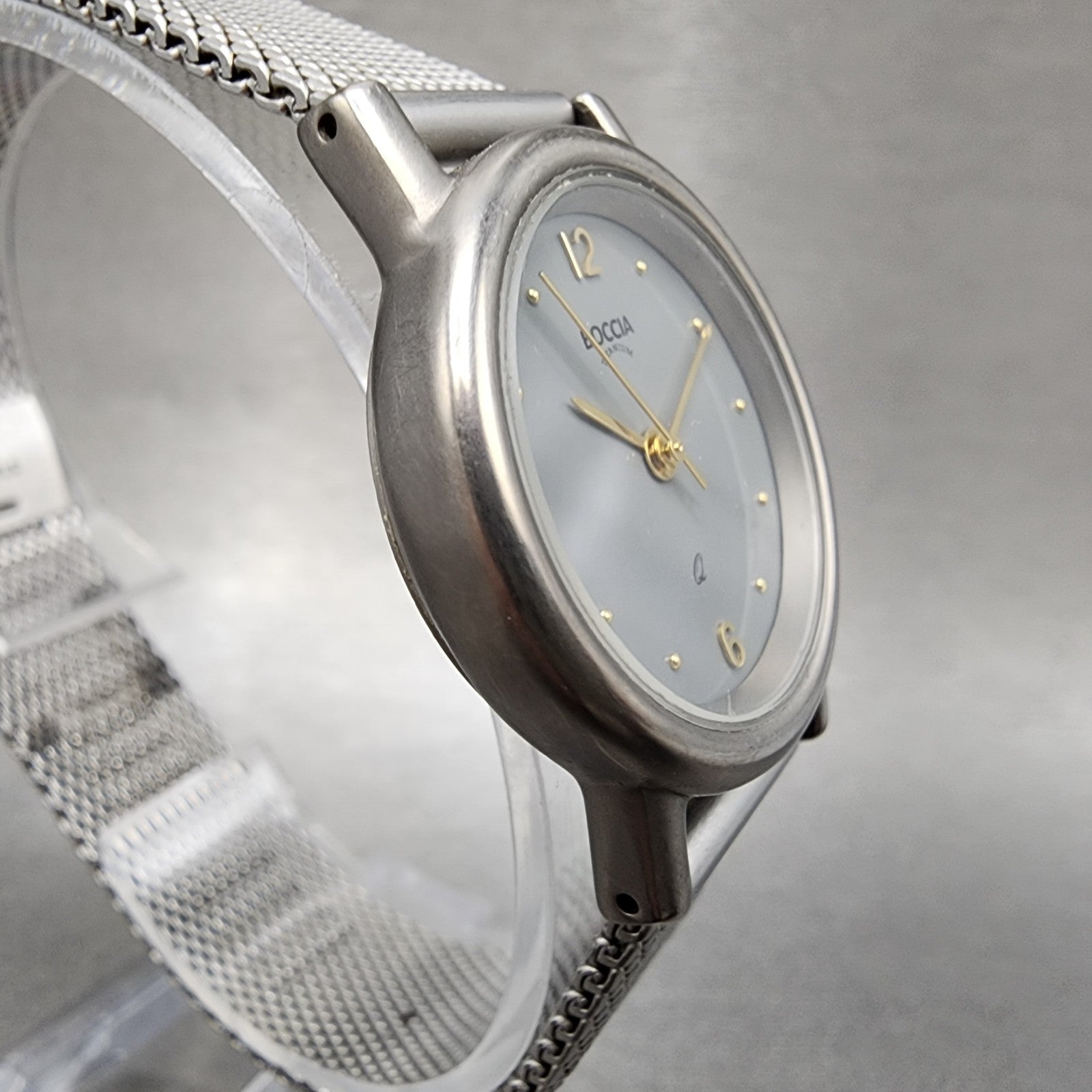 Boccia Titanium Watch Women 28mm Gray Dial Gray Tone Round Mesh Band New Battery3