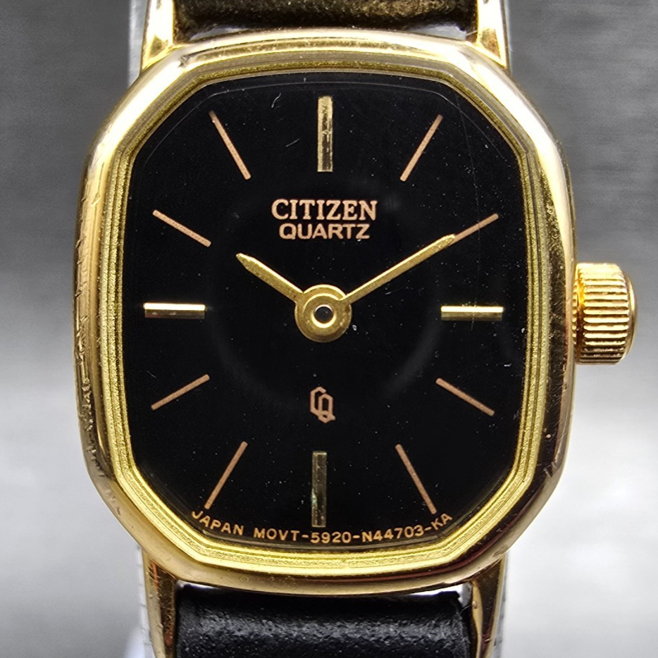Citizen CQ Watch Women 17mm Black Dial Gold Tone Rectangle 5920-S49810 New Batt91