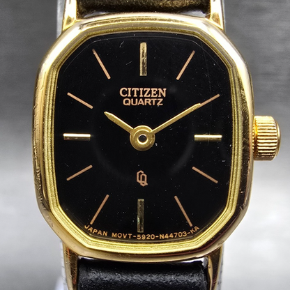 Citizen CQ Watch Women 17mm Black Dial Gold Tone Rectangle 5920-S49810 New Batt91