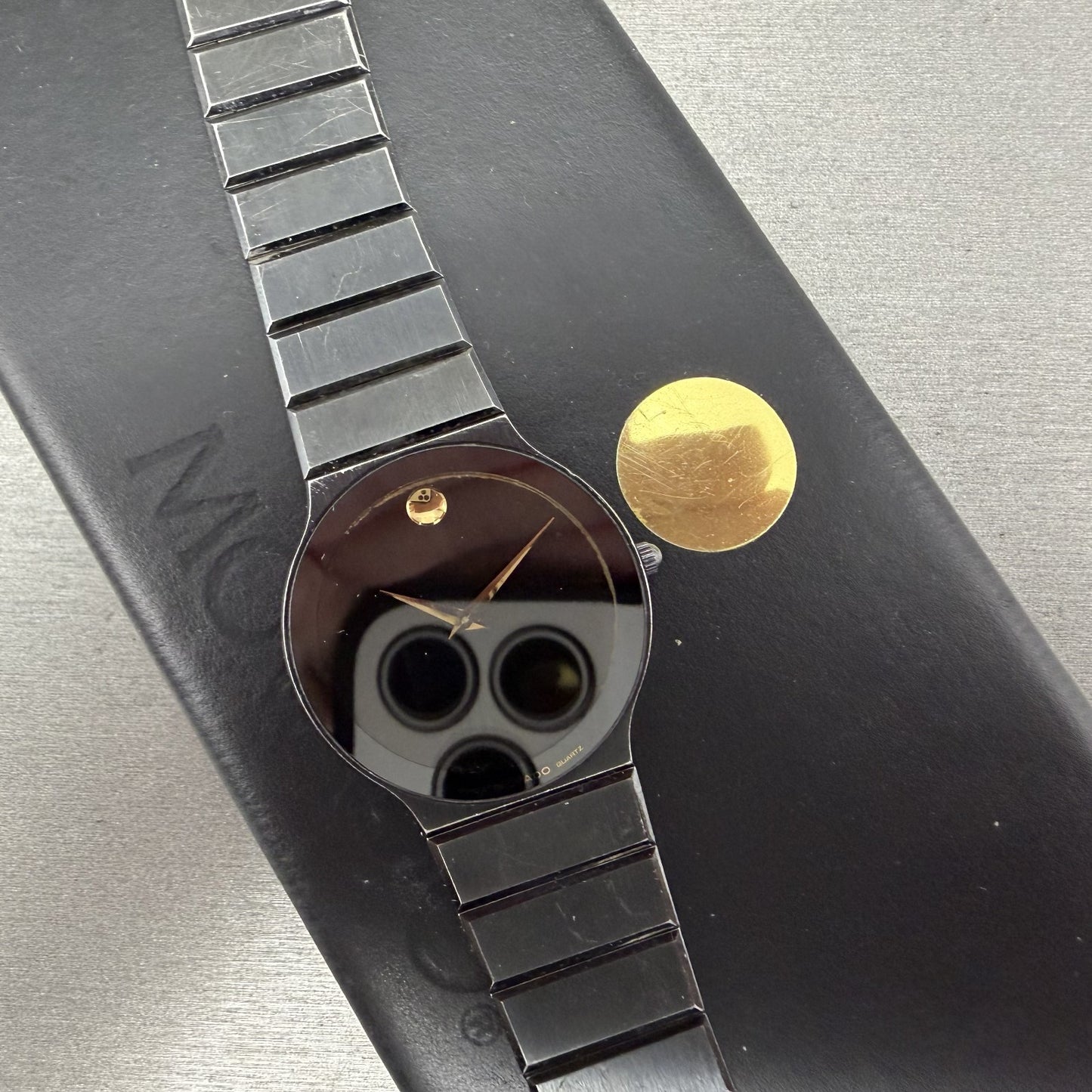 Movado Museum Watch Men 32mm Black Dial Black Tone Round 8440880 New Battery0