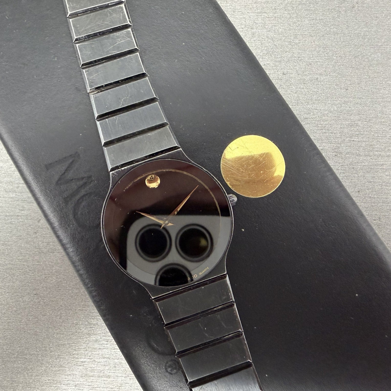 Movado Museum Watch Men 32mm Black Dial Black Tone Round 8440880 New Battery0