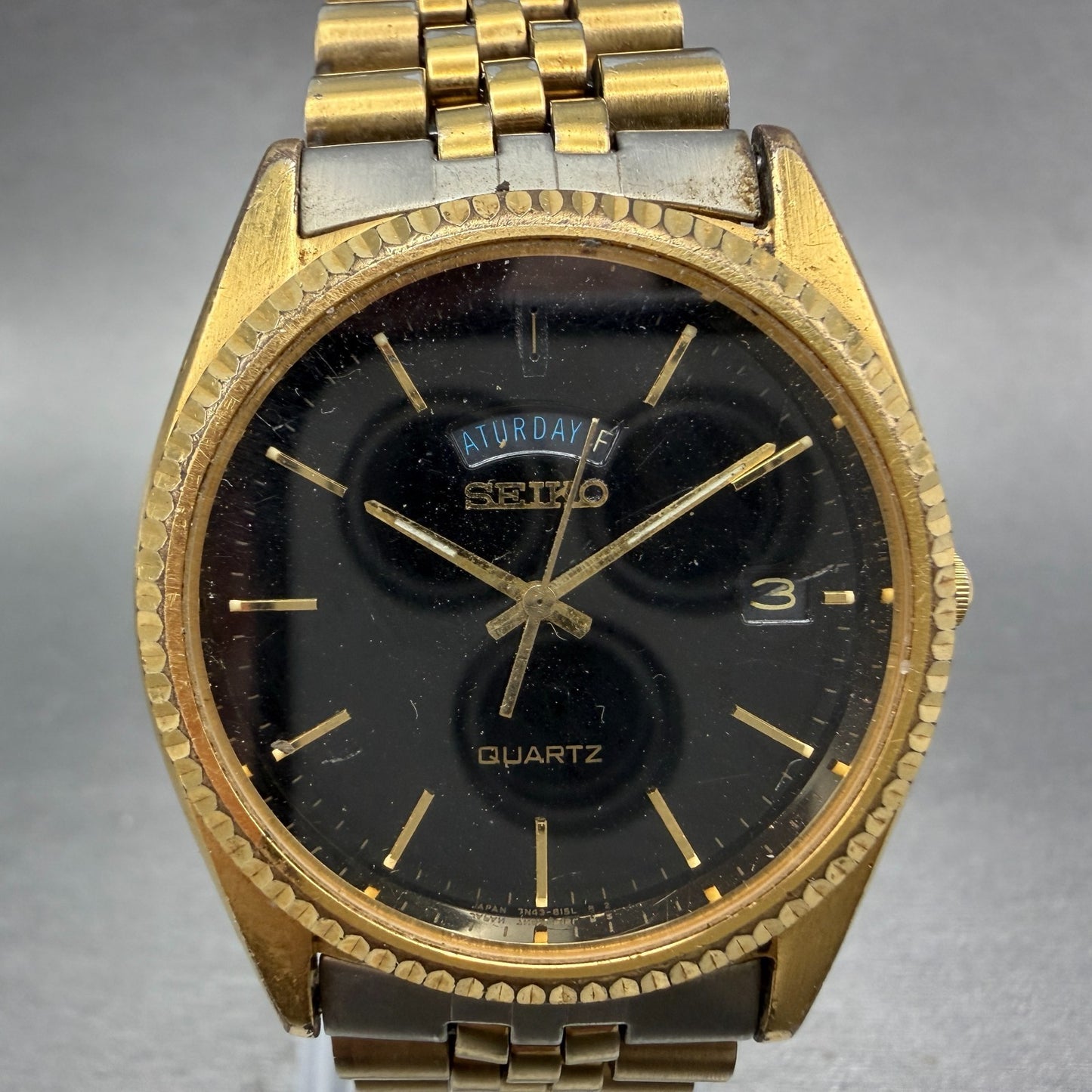 Seiko President Watch Men 36mm Black Dial Gold Tone Daydate 7n43-8119 PARTS VTG0