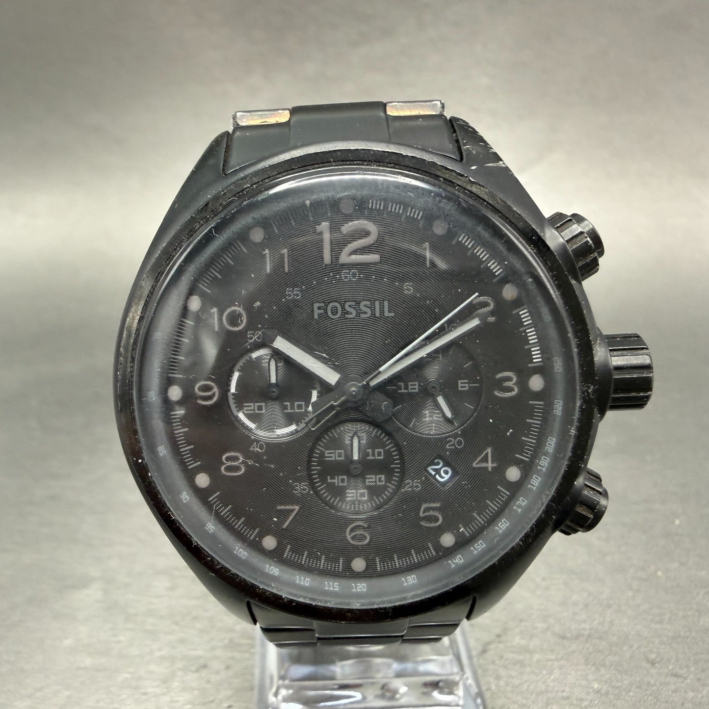 Fossil Flight Chrono Watch Men 46mm Black Dial Black Tone Date Round New Battery0