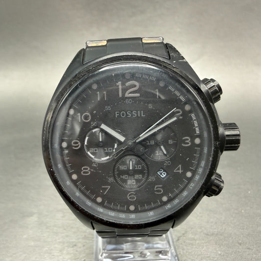 Fossil Flight Chrono Watch Men 46mm Black Dial Black Tone Date Round New Battery0